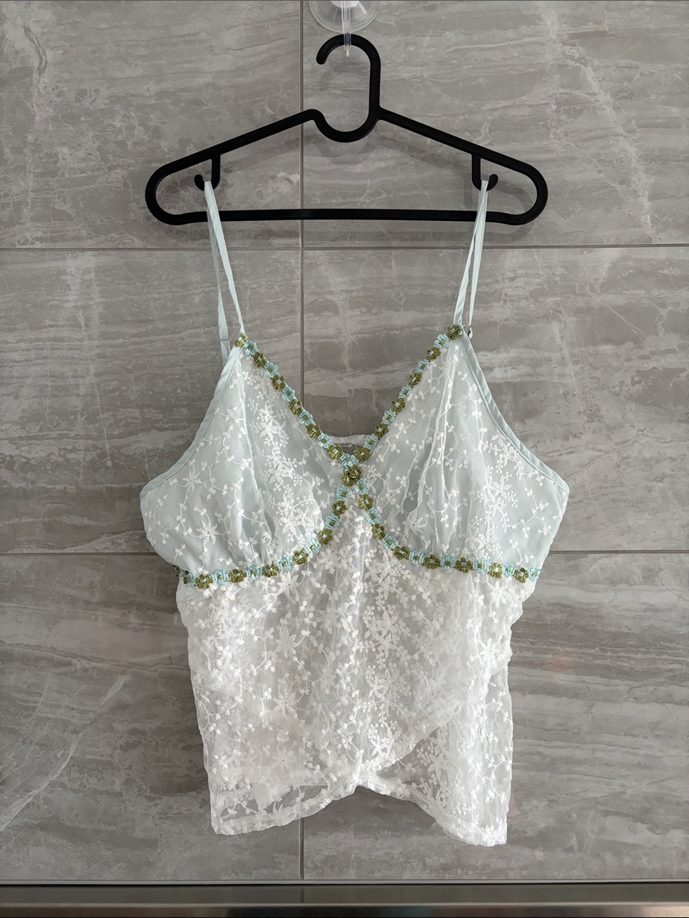 Mint and White Lace Camisole with Floral Embroidery
